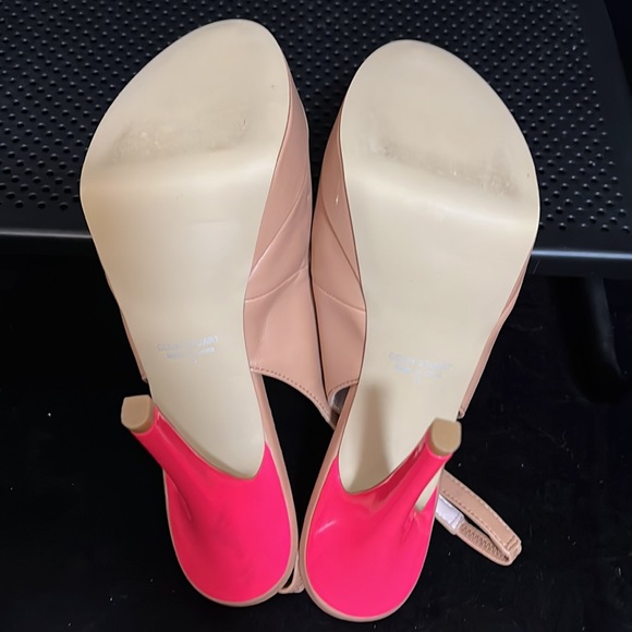 Colin Stuart Platform Peep Toe Heels.  Almond with hot pink button/heels. - Picture 6 of 12